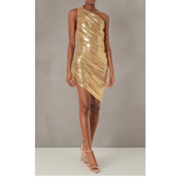 Norma Kamali Diana Metallic One-Shoulder Mini Dress in Gold - Picture 3 of 4